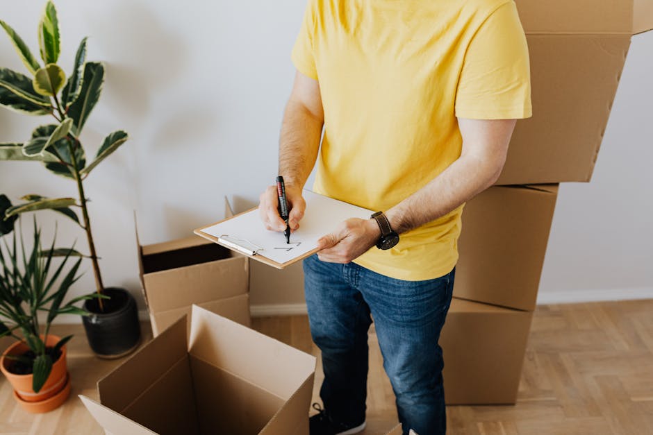 A person wearing a yellow t-shirt and blue jeans is standing in a room with wooden flooring, surrounded by several large cardboard boxes. They are holding a clipboard in one hand and a black marker in the other, appearing to make notes or a checklist. The room features a potted plant with green leaves in a black pot, positioned on the floor near the boxes. The scene suggests a domestic setting focused on organisation or packing, with good natural lighting highlighting the clean, uncluttered surfaces. Hampstead Carpet Cleaners offers edge-to-edge surface cleaning and deep sanitisation to maintain hygiene in residential spaces, especially during end of tenancy cleaning in Hampstead Village.