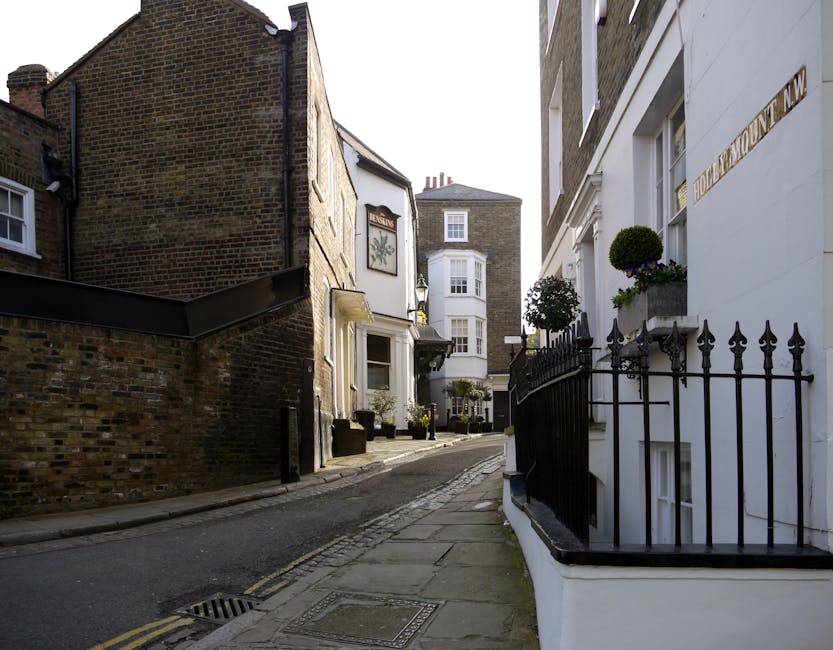 A narrow, cobblestone street in Hampstead lined with residential buildings. On the right, a white building features a black wrought iron fence topped with decorative finials, and a window box with green potted plants and purple flowers. The left side displays a brick building with a sign that says 'ENGRAVE,' and a white building with large bay windows and potted plants outside. The scene is illuminated by natural daylight, casting soft shadows on the stone-paved sidewalk and the various facade surfaces, which are generally clean and well-maintained. The overall atmosphere reflects a quiet, picturesque Hampstead neighborhood with classic architectural features.